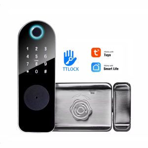 Ttlock Tuya Wifi App Electric Rim Lock Smart Digital Key Cara Password Biometric Fingerprint Gate Rim Latch Lock Black